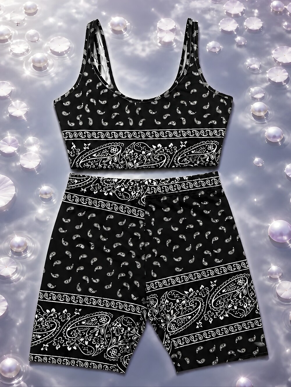 Black Paisley Crop Tank & Bike Short Set